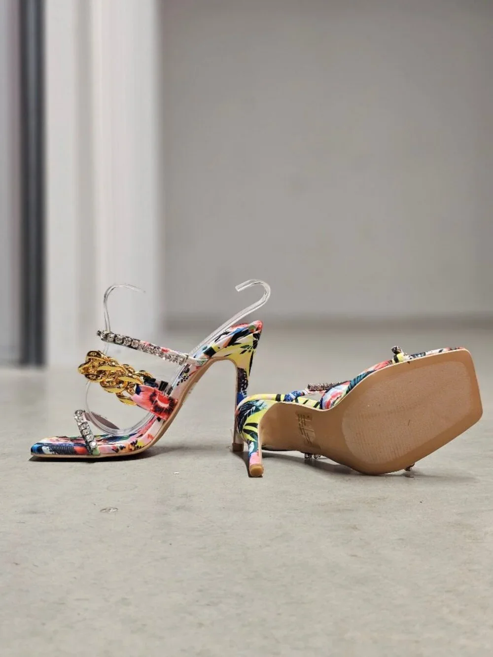 Floral Open-Toe High Heels With Rhinestone & Gold Chain Straps Multicolor Womens - Picture 8 of 14